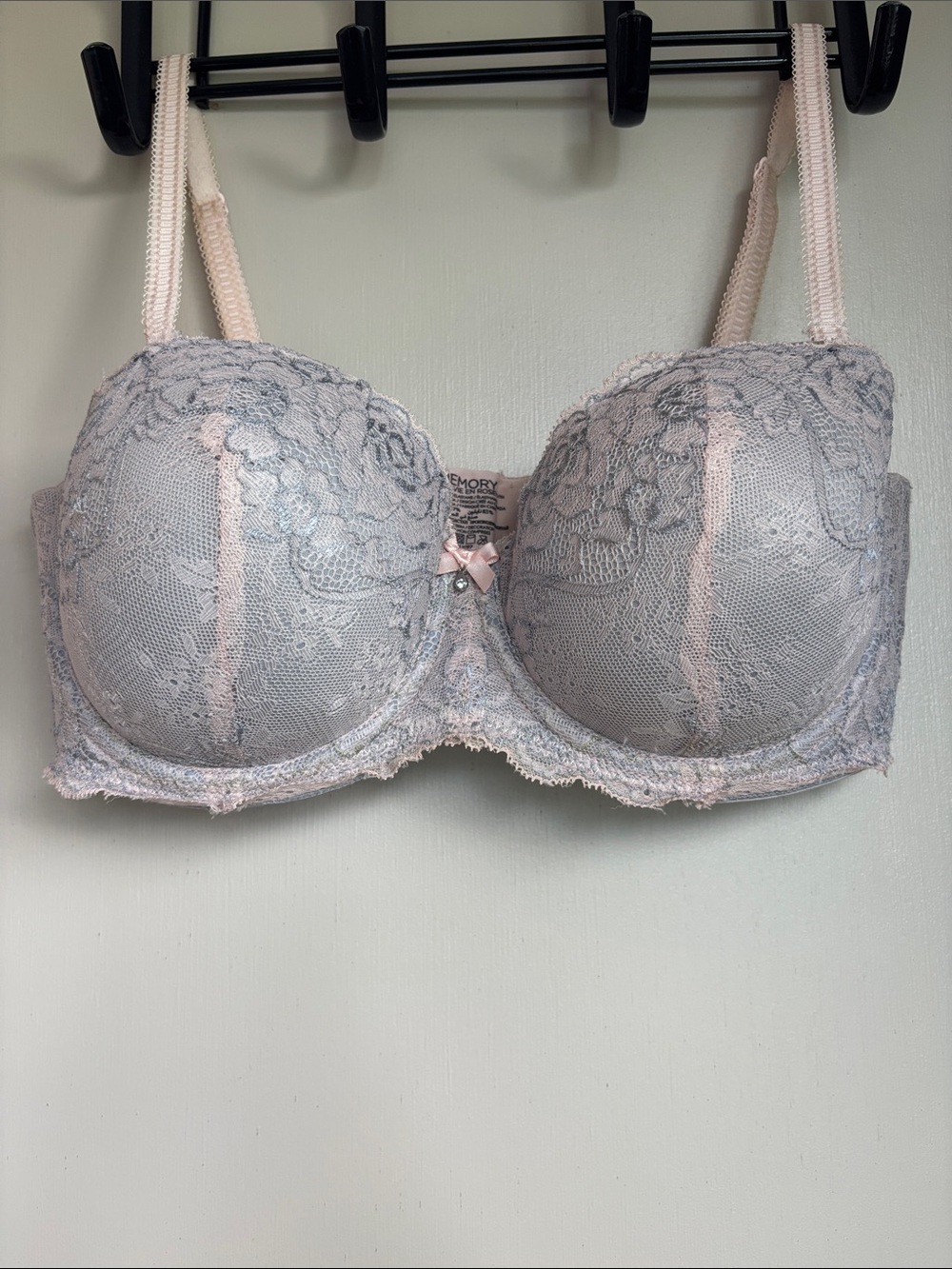 La Vie En Rose Lace Balconette Bra in Light Gray and Pale Pink